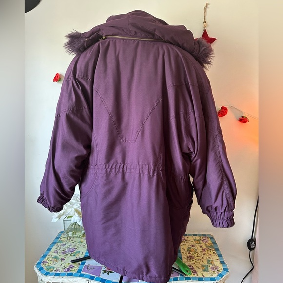 Vintage Women's Sequence Purple Faux Fur Hooded Jacket Coat L XL - Picture 5 of 9